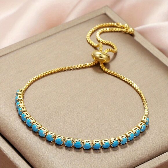 14K Gold Womens Adjustable Turquoise Gemstone Tennis Bracelet Ladies New Jewelry - Picture 3 of 6